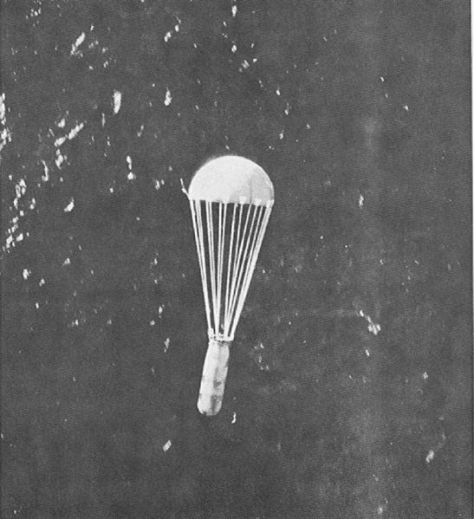 Example of a parachute bomb from 1945. Image courtesy of USAF through public domain.